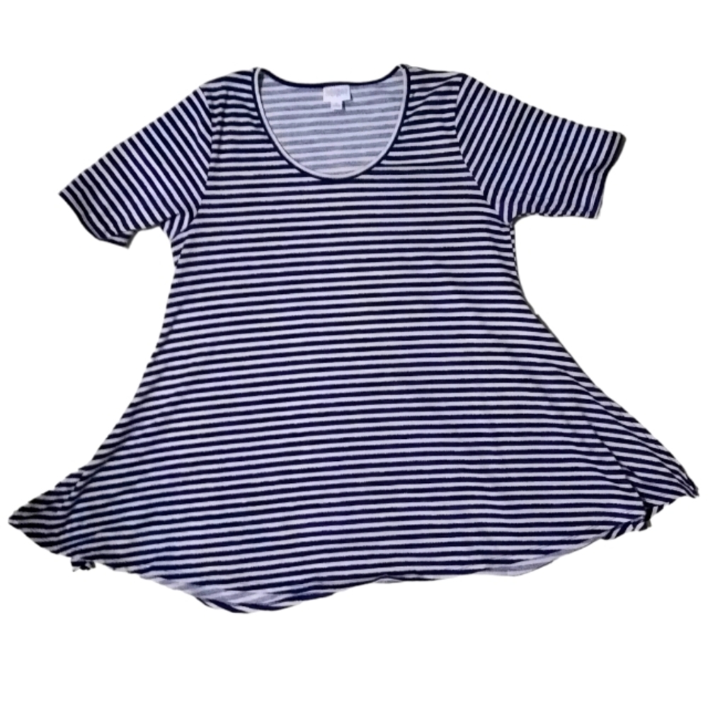 Top Short Sleeve Pullover Split Hem Round Neckline Shirt Blue White Stripe Sz M